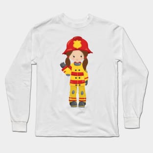 Girl Fireman, Female Firefighter, Brown Hair Long Sleeve T-Shirt